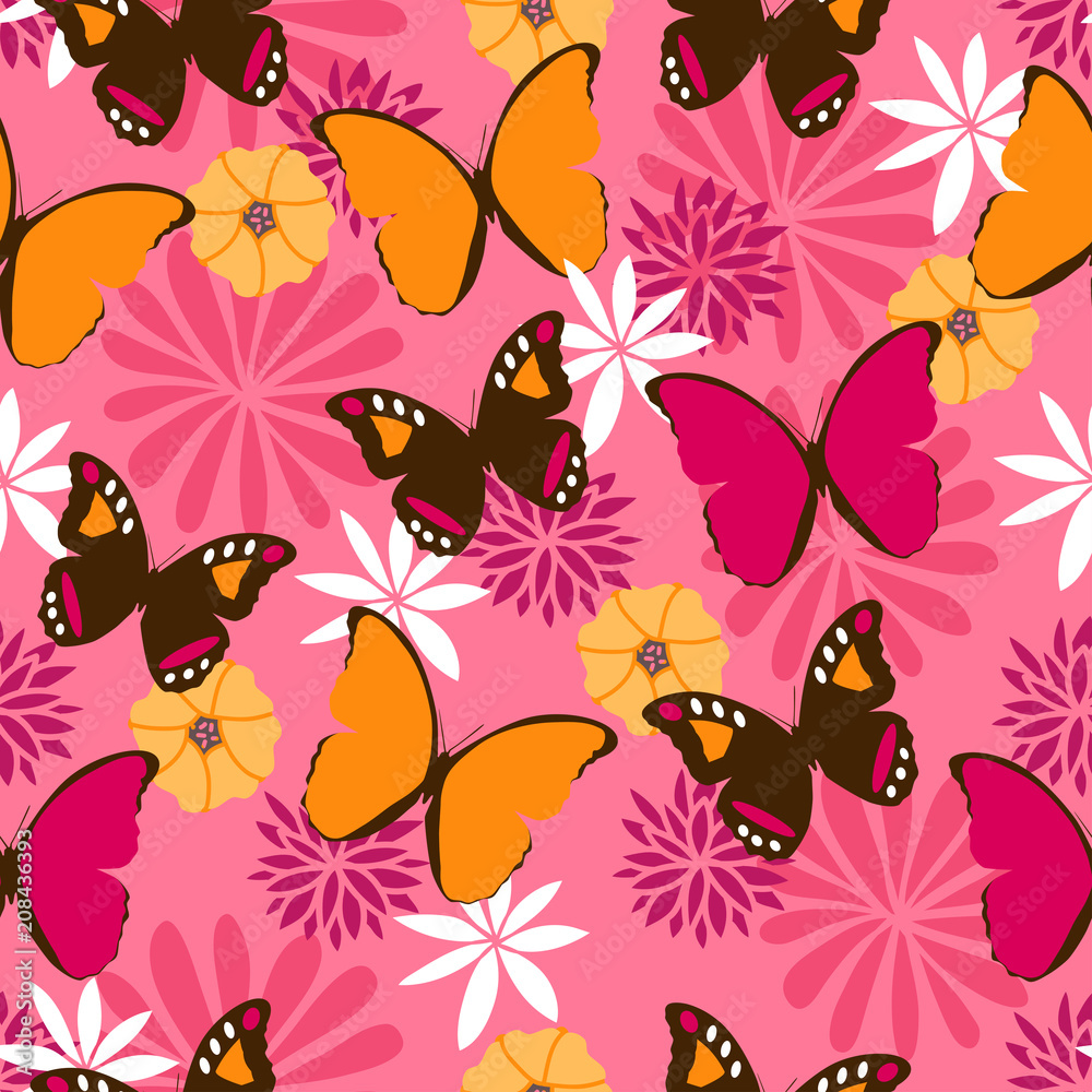 Fototapeta premium Jungle seamless pattern with butterflies on pink background