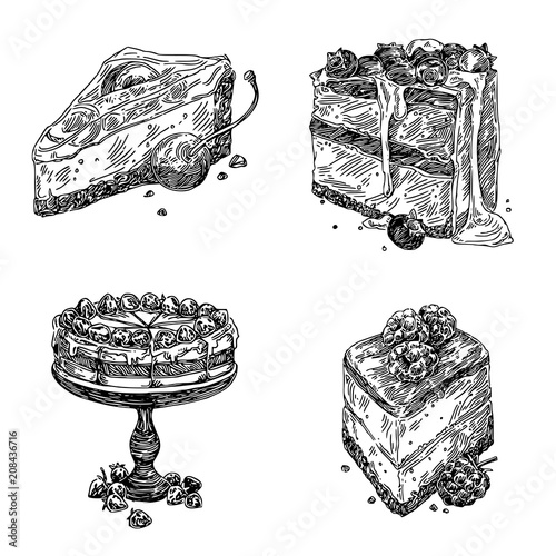 Desserts. Cherry cake, strawberry cake, bluebery cake and raspberry cake. Engraving style. Vector illustration.
