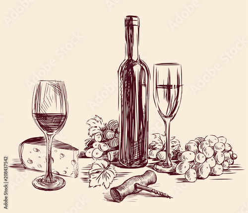 Sketch of a still life with grape wine