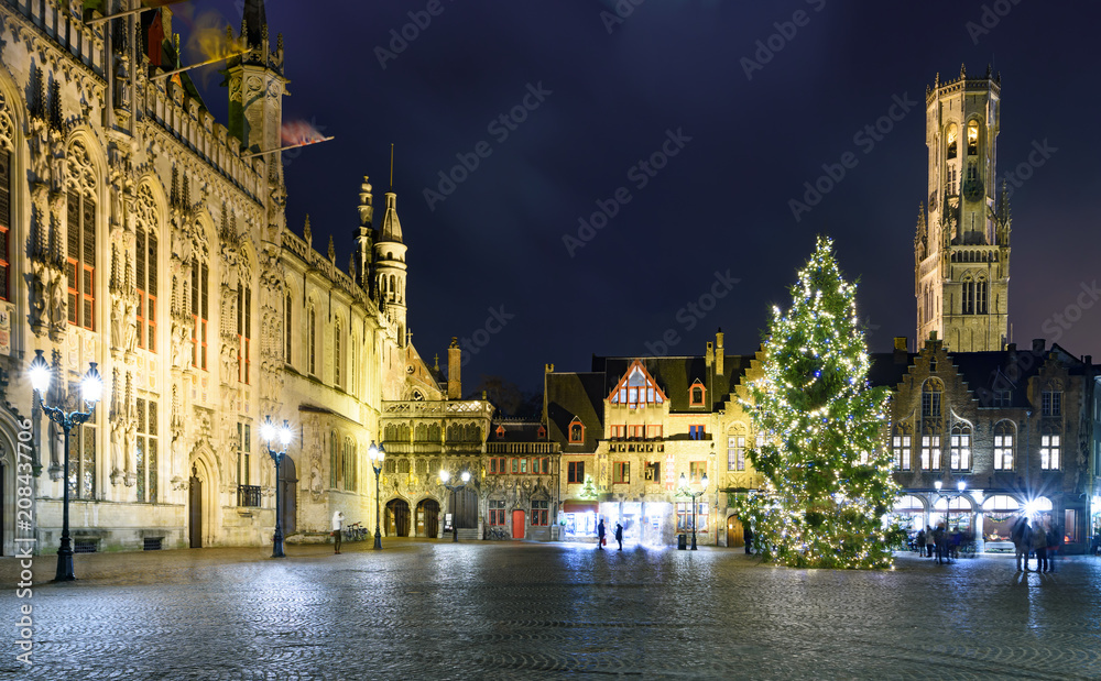 Christmas decorations at square in the beautiful medieval city of Bruges (Brugge), Belgium