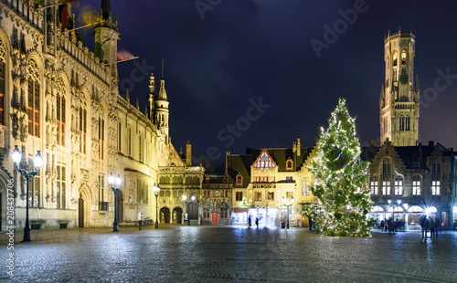 Christmas decorations at square in the beautiful medieval city of Bruges (Brugge), Belgium