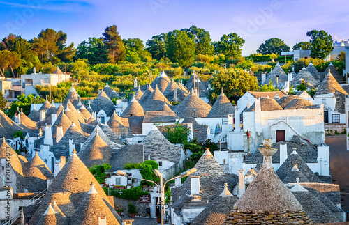 Alberobello, Puglia, Italy: Cityscape over the traditional roofs of the Trulli, original and old houses of this region, Apulia