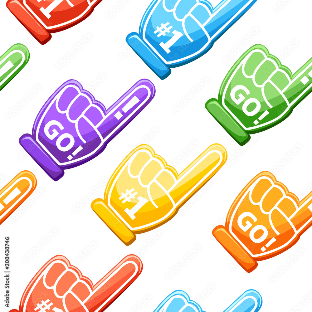 Seamless pattern. Number one glove. Collection of colorful gloves. Red foam finger with 1. Vector illustration on background. Website page and mobile app design Seamless pattern. Number one glove. Collection of colorful gloves. Red foam finger with 1. Vector illustration on background. Website page and mobile app design