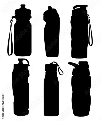 Black silhouette. Collection of sport bottles. Bicycle plastic bottle. Outdoor activities. Different forms of water containers. Vector illustration isolated on white background