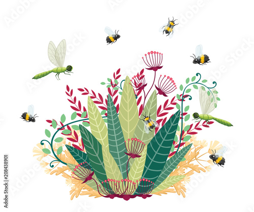 Green bush with fly insect. Cartoon style design. Bees and dragonflies with floral element. Flat vector illustration isolated on white background