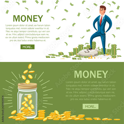 Businessman is standing on a pile of money. Golden coins in jar. Green dollar banknotes. Vector illustration with green button. Accumulation of money concept. Web site page and mobile app design