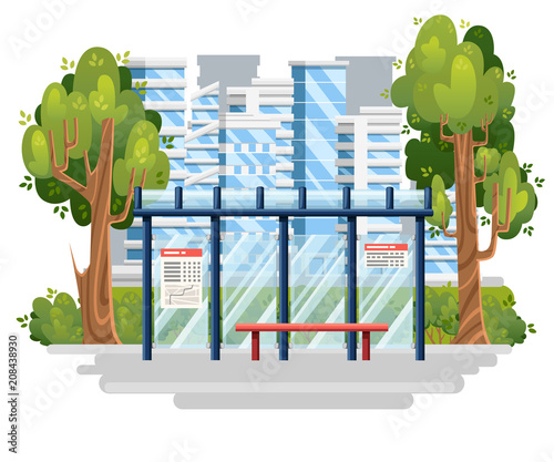 Bus stop illustration. Modern city on background. Flat design style. Green tree and bushes. Vector illustration. City concept