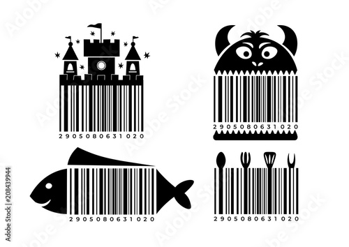 Illustration Barcodes vector set castle, fish, cook, monster cartoon