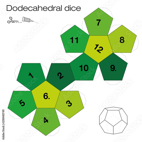 Dodecahedron template, dodecahedral dice - one of the five platonic solids - make a 3d item with twelve sides out of the net and play dice. Illustration on white background.