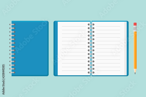 Closed and open notebook with pencil isolated on background. Flat style vector illustration.