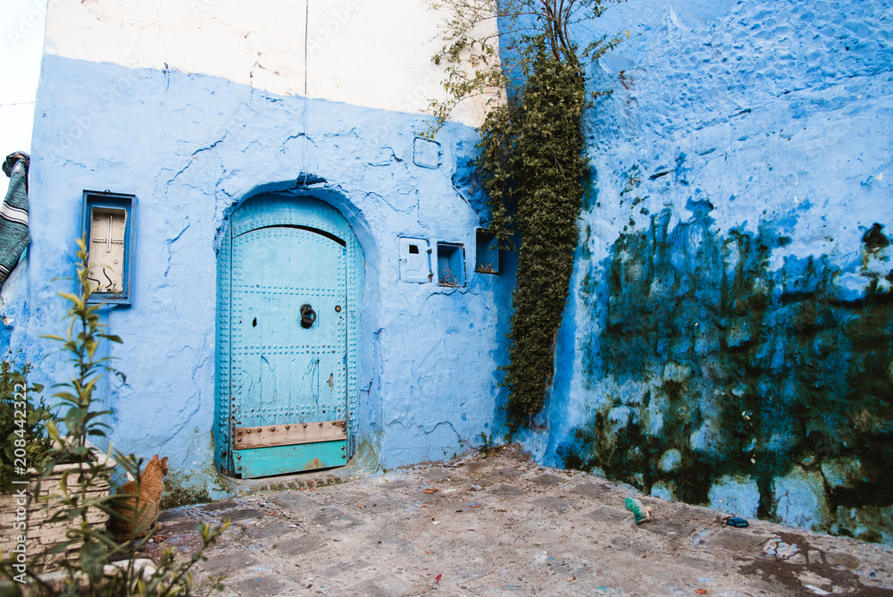 Blue Door and Stone Wall, Medina, Chefchaouen, Morocco