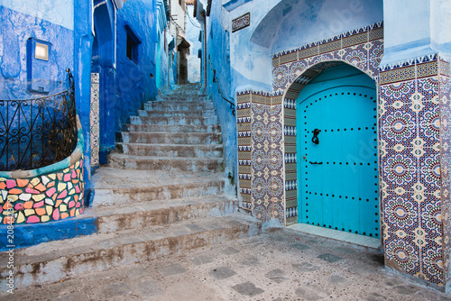 Blue Door with Blue Stone Buildings and Stairs, Chefchaouen Medina, Morocco © Matt
