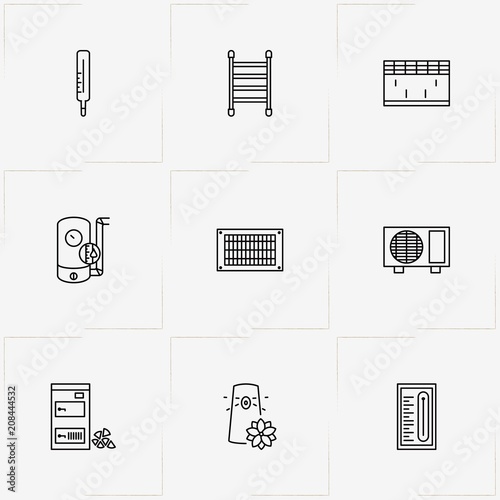 House Climate line icon set with towel dryer, heating system  and thermometer