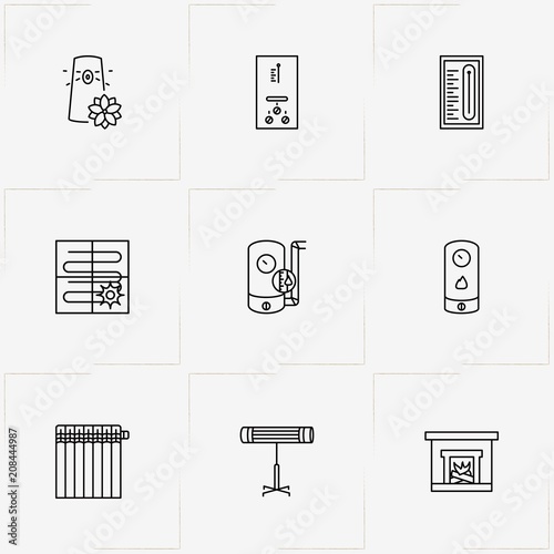 House Climate line icon set with fireplace, warm floor and air freshener