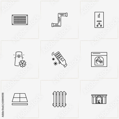 House Climate line icon set with air freshener, pipe and fireplace