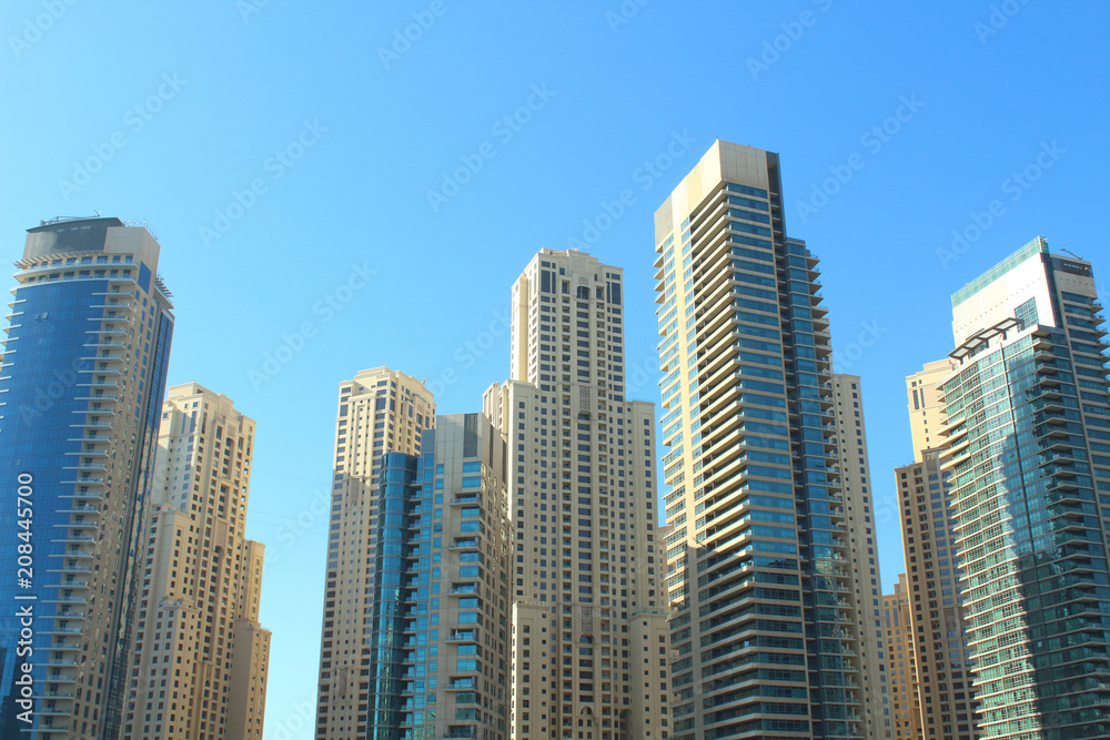 United Arab Emirates. Dubai Marina Canal. Beautiful tall futuristic skyscrapers in Dubai. City landscape. Spring, March, 2018.