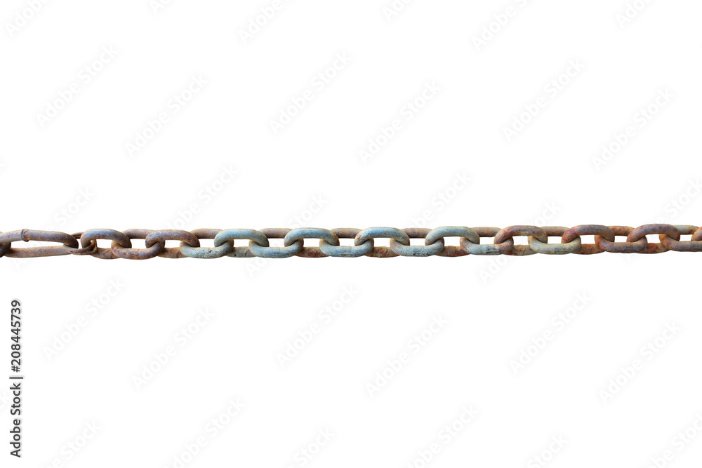 Small thick rusty chain. Horizontal view. Isolated on white background. Isolate. Small thick rusty chain. Horizontal view. Isolated on white background. Isolate.