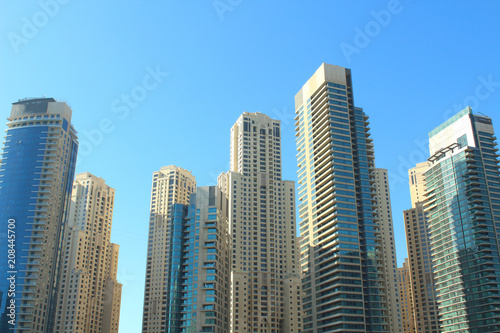 United Arab Emirates. Dubai Marina Canal. Beautiful tall futuristic skyscrapers in Dubai. City landscape. Spring  March  2018.