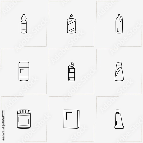 Household Chemicals line icon set with household chemicals, cabinet for chemicals  and sponge