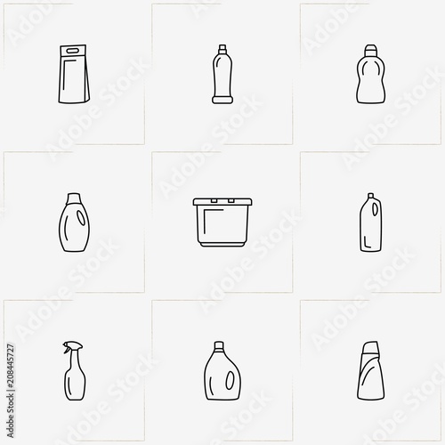 Household Chemicals line icon set with basin and household chemicals