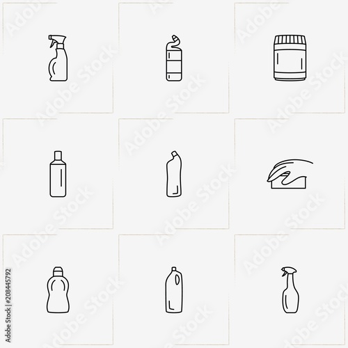 Household Chemicals line icon set with cabinet for chemicals , sponge and household chemicals