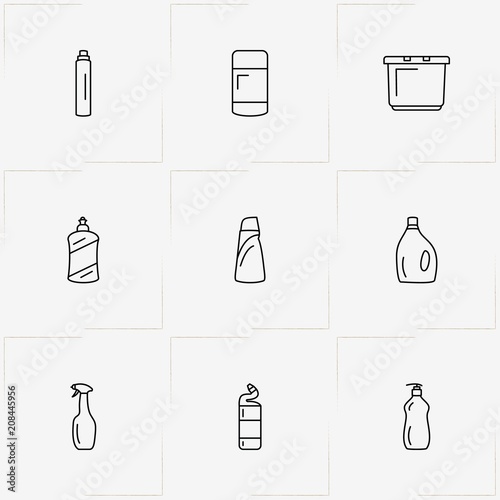 Household Chemicals line icon set with basin and household chemicals