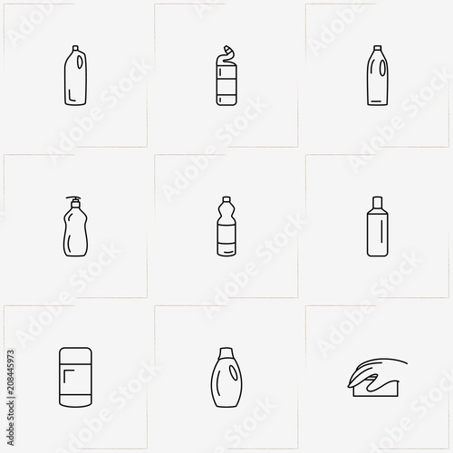 Household Chemicals line icon set with household chemicals and sponge