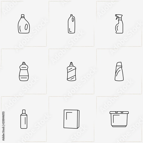 Household Chemicals line icon set with household chemicals, sponge and basin
