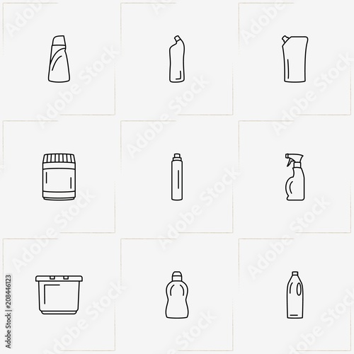 Household Chemicals line icon set with household chemicals, basin and cabinet for chemicals
