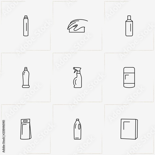 Household Chemicals line icon set with sponge and household chemicals