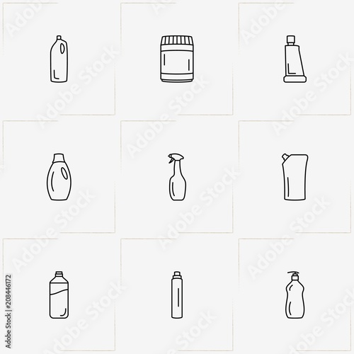 Household Chemicals line icon set with cabinet for chemicals  and household chemicals