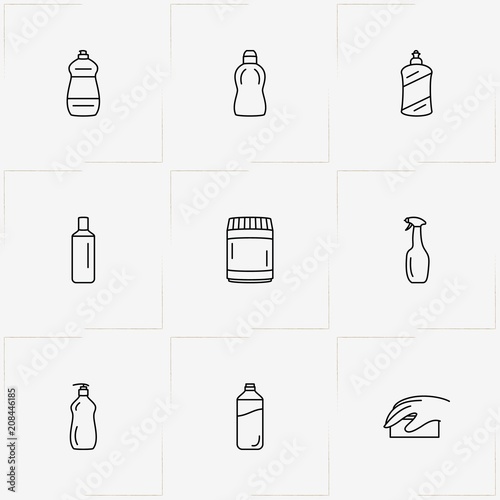 Household Chemicals line icon set with cabinet for chemicals , household chemicals and sponge