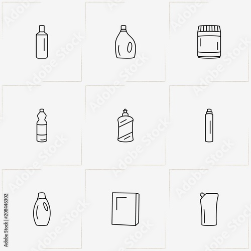 Household Chemicals line icon set with sponge, household chemicals and cabinet for chemicals