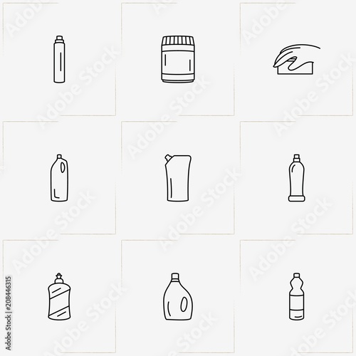 Household Chemicals line icon set with sponge, cabinet for chemicals  and household chemicals