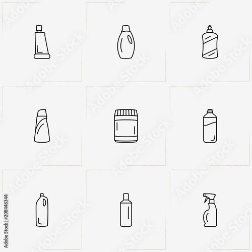 Household Chemicals line icon set with household chemicals and cabinet for chemicals