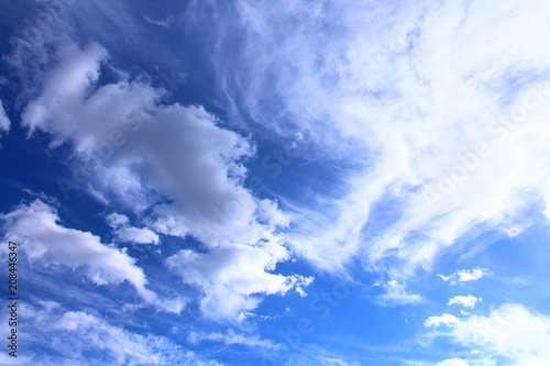 A beautiful cloudy sky  cumulus clouds and scorching sun. Background. Landscape.