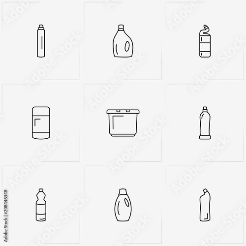 Household Chemicals line icon set with basin and household chemicals