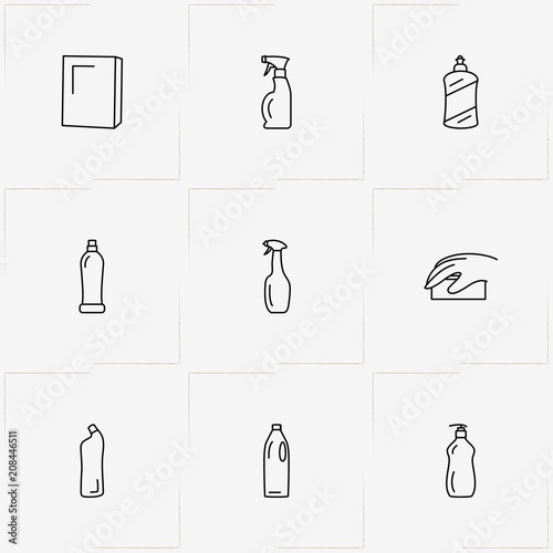 Household Chemicals line icon set with household chemicals and sponge