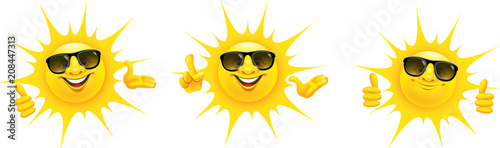 Cartoon Sonne mit Sonnenbrille und Hand Gesten - Set, Daumen hoch, Top, präsentieren, OK