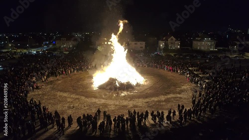 Aerial view of bonfire and celebration in Reykjavik on New years eve 