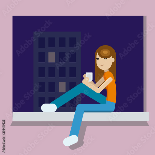 Girl with the cup of tea at the evening after working day Girl drinking the tea sitting on windowstill, looking at te night city at night and relaxing after hard day