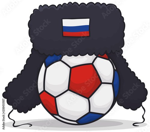 Ushanka over Soccer Ball with Russian Colors for Sports Event, Vector Illustration