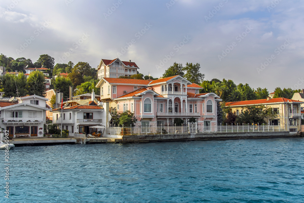 Istanbul, Turkey, 2 September 2007: Shores and Sehzade Burhanettin Efendi Waterside mansions of Yenikoy in Sariyer district of Istanbul