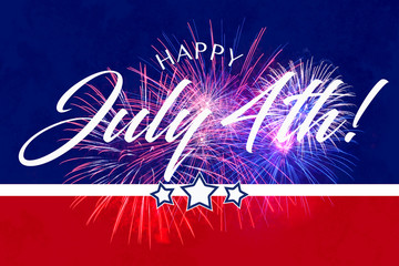 Happy JUly 4th greeting with red and blue background with fireworks