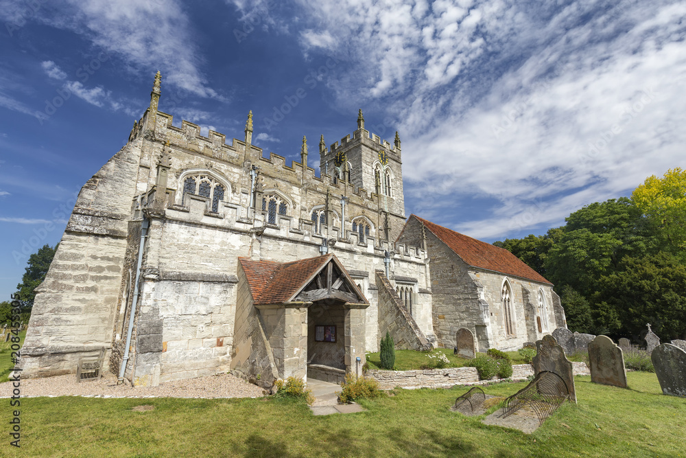 Wide angle view of the Saxon Sanctuary Church in Wootton Wawen, England.