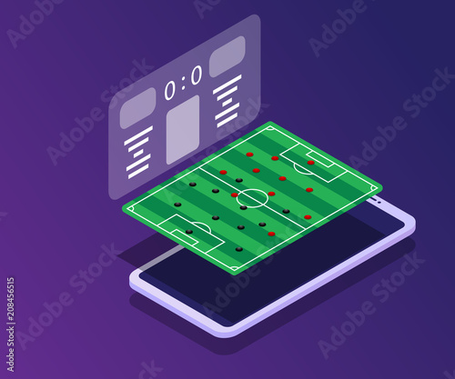 soccer field with score board app in smartphone