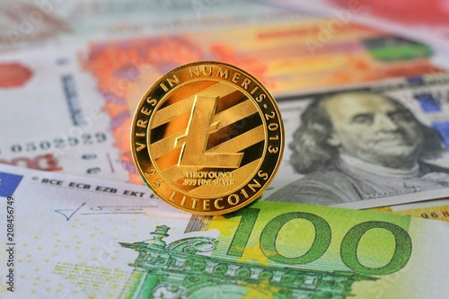 Litecoin on International banknotes background, Exchange Currency concept