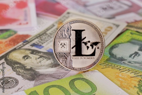 Litecoin on International banknotes background, Exchange Currency concept
