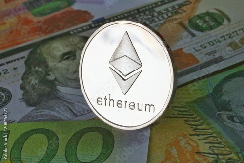 Ethereum coin on International banknotes background, Exchange Currency concept
