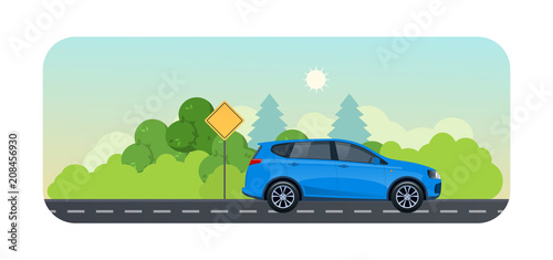 Travel by car. Trip on sports car on country road.